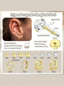 Milacolato Hypoallergenic Gold Stud Hoop Earrings For Women Men Surgical Stainless Steel Flat Back Earrings Small 14K Gold Huggie Hoops Cartilage Earring Set For Multiple Piercing Jewelry Gifts For Women - 彩色 - 查看 10