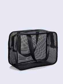 黑色网眼尼龙透明手提包，男士洗漱包，便携式旅行必备沙滩包，可装毛巾、牙膏、洗漱用品等，简约优雅，居家旅行皆宜，女士礼物，圣诞礼物，女士送礼佳品