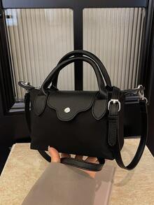 Women's Fashion Casual Versatile Color Block Dumpling Shaped Tote Bag, Minimalist Nylon Square Handbag, Vintage Style Shoulder Bag With Detachable Strap, Suitable For Teenagers, College Students, Young Professionals, Office, Campus, Work, Business And Commuting - Black - View 8
