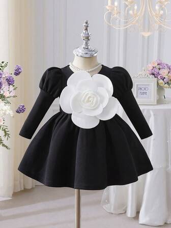 Baby Girls' Black Long Sleeve Dress, Newborn Infant Formal Outfit, Baby Girl Clothing, Elegant Floral Decor, Suitable For Newborn Activities, Gatherings, And Daily Wear