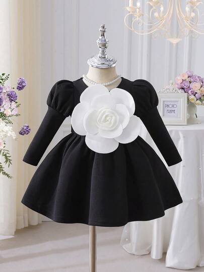 Baby Girls' Black Long Sleeve Dress, Newborn Infant Formal Outfit, Baby Girl Clothing, Elegant Floral Decor, Suitable For Newborn Activities, Gatherings, And Daily Wear