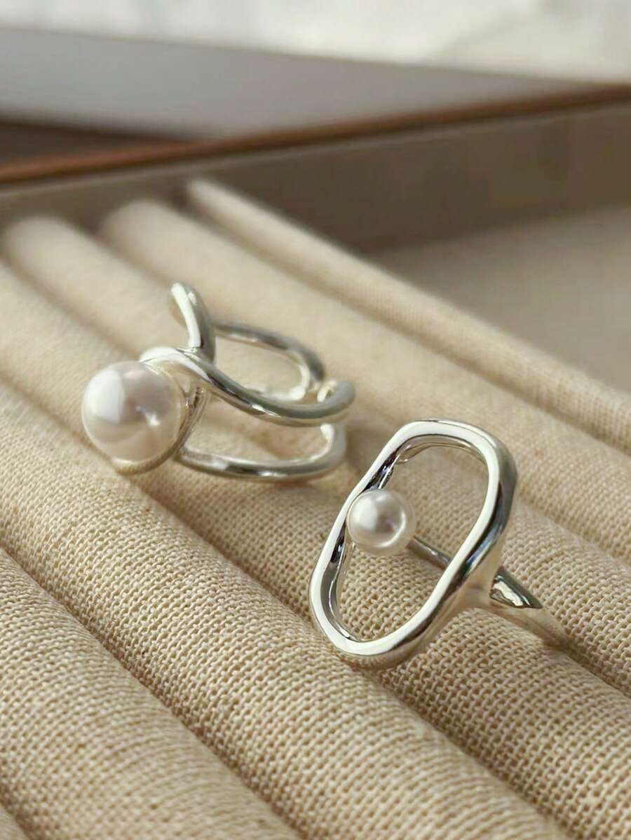 2pcs Pearl Rings Set For Women Couples New Elegant Creative Hollow Geometry Handmade Birthday Party Rings Jewelry Gifts - Silver - View 1