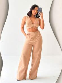 Thick Strap Top And Wide Leg Linen Pants Set - Beis - Ver 6