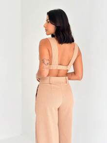 Thick Strap Top And Wide Leg Linen Pants Set - Beis - Ver 5