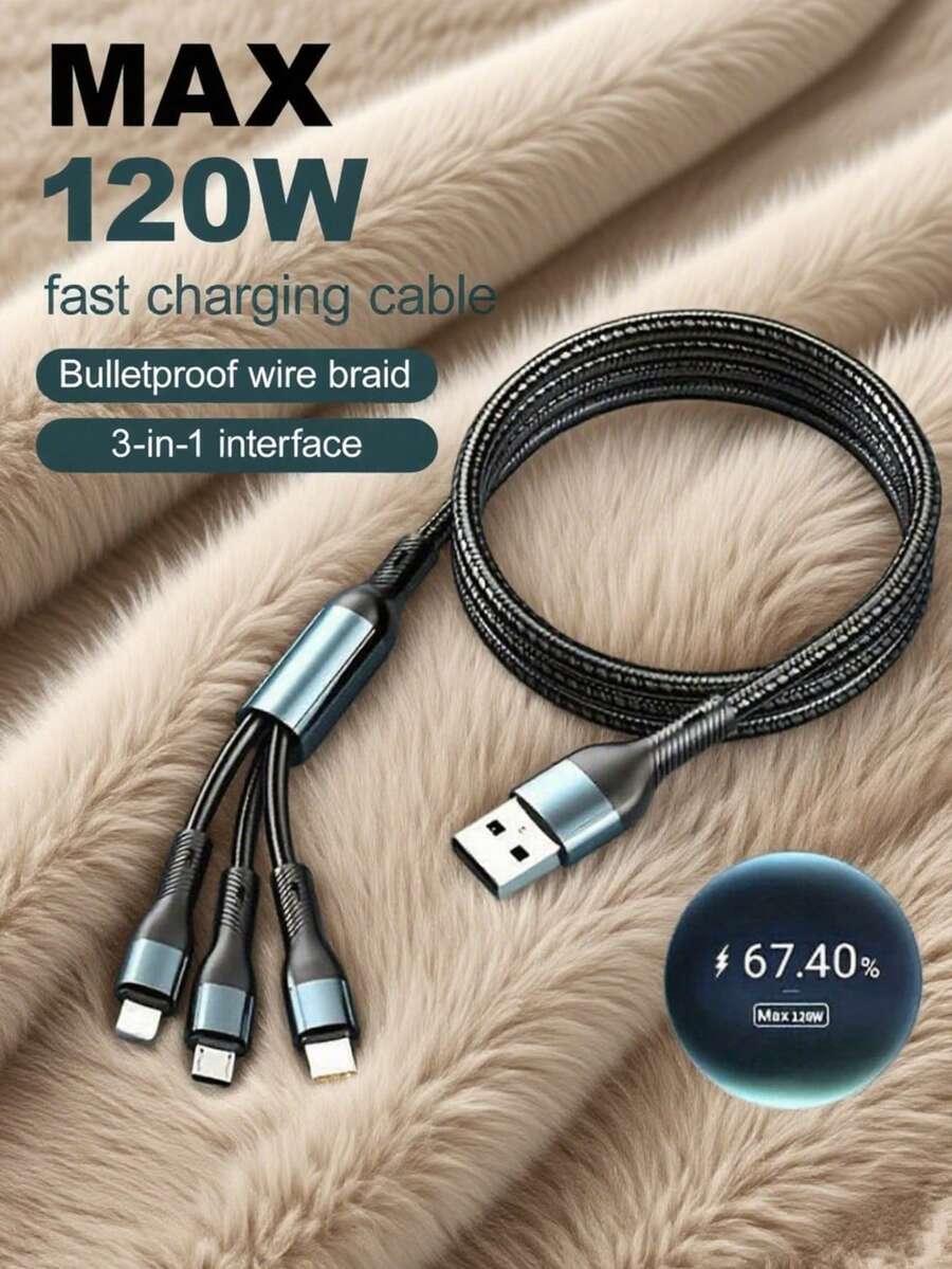 三合一尼龙编织 USB 充电线，通用快速充电 USB 转 Lightning/Type-C/Micro USB 连接线，1.2 米充电线兼容数据传输，但 2 米线长。兼容 15/16/17、Type-C 手机、安卓手机。兼容三星、小米、Vivo，通用数据线 - 彩色 - 查看 1