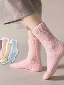 KIT 3 6 12 Women's Winter Socks Mid-Calf Thick Thermal Plush Warm For Sleeping And Staying 35-40 - 彩色 - 查看 2