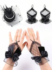 1双蝴蝶结钩指短蕾丝手套，新娘礼服短款手套，网眼裸指黑色蕾丝网眼蕾丝，女士手套，婚宴手套，新娘婚礼手套 - 黑色 - 查看 9