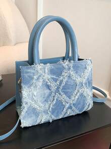 Denim Blue Fashion Fringe Mini Square Bag With Adjustable Shoulder Strap, Women Casual Solid Color Handbag Bag, Stylish Aesthetic Shoulder Crossbody, Cute Simple School Crossbody, Shoulder Crossbody Bag, Tote Messenger, Women Vintage Jeans Purse - 彩色 - 查看 10