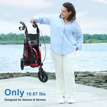 WALK MATE 3 Wheel 8" Wheels Rollator Walker Aluminum , Foldable Lightweight With Seat Backrest Pouch - Red - View 8