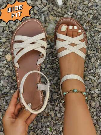 Women's Beige New Versatile Fashion Casual Round Toe Slip-On Criss-Cross Strap Roman Flat Sandals, Plus Size