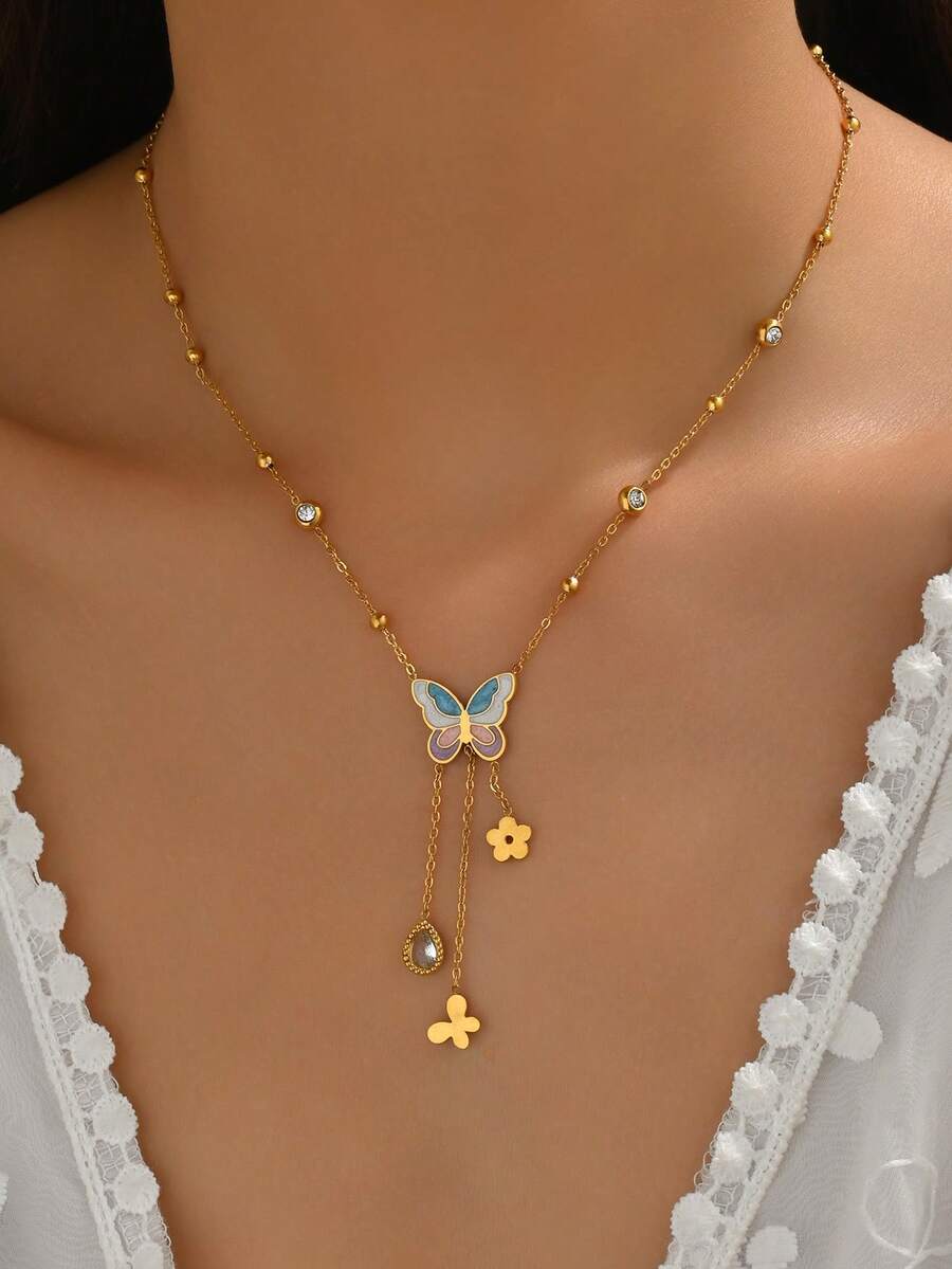 1 bông tai nữ bằng thép không gỉ hình bướm nhiều màu và hình giọt nước đính đá Zirconia, trang sức thời trang mạ vàng 18K - Vàng - Xem 1