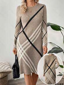 Plus Size Colorblock Striped Crew Neck Knit Sweater Dress, Autumn/Winter - Khaki - View 1