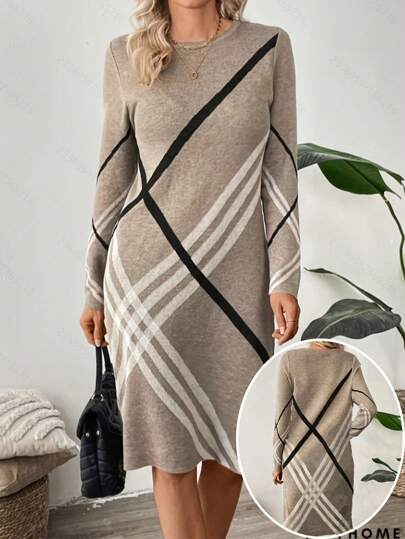 Plus Size Colorblock Striped Crew Neck Knit Sweater Dress, Autumn/Winter