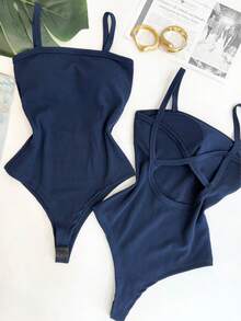 Women's Bodysuit With Braided Straps, Anarruga Fashion Blogger - Navy Blue - View 1