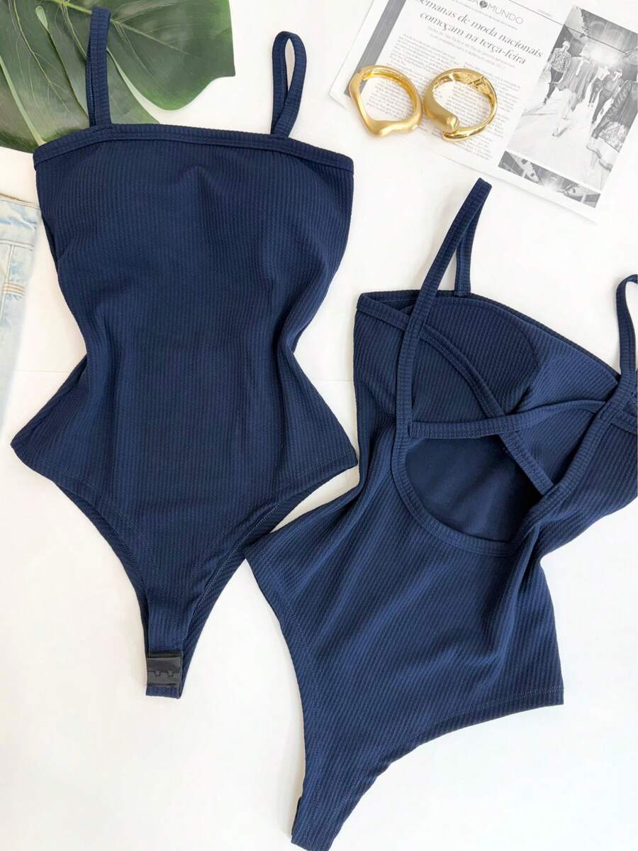 Women's Bodysuit With Braided Straps, Anarruga Fashion Blogger - Navy Blue - View 1