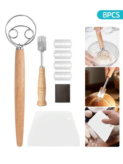 丹麦面团搅拌器套装，包含面包修边棒、面团刮刀和木柄面团搅拌器，面包制作工具，烘焙工具，面包切割成型套装，面包切片器套装，适用于糕点、烘焙、蛋糕、甜点、酸面包、披萨等，厨房用品，厨房用具，厨房工具套装