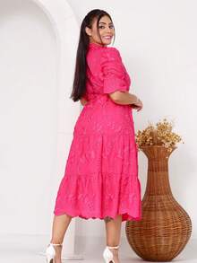 Women's Midi Dress With Embroidered Laise, All-Over Print, Embroidery, Button, Ruffle, Gathered, Formal And Evening - Pink 3d - View 3