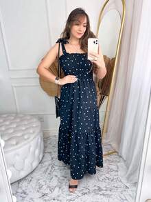 Long Dress With Elastic Straps / Crepe Polka Dot / 94% Polyester, 6% Elastane - 黑色 - 查看 2