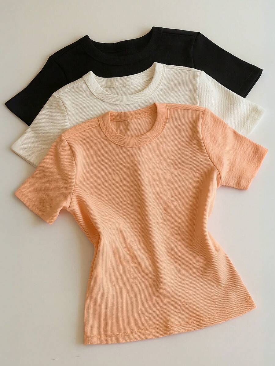 Kit 3 Short Sleeve Ribbed Blouses For Women, Basic, Elegant, Summer - Cá hồi/Trắng/Đen - Xem 1