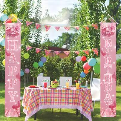 2 件生日快乐横幅 - 12 * 72 英寸，耐用涤纶材质，配有心形气球、香槟色、精致的粉色生日快乐字体，适用于门廊、房间装饰、室内庭院悬挂、派对摄影的道具和装饰、生日礼物和生日派对。