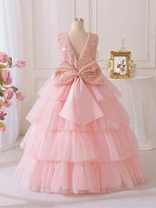 Girls Sequin Princess Dress Layered Tulle Ball Gown With Big Bow Back Formal Flower Girl Dress For Birthday Party Wedding Pageant Evening Occasion - 珊瑚粉 - 查看 4