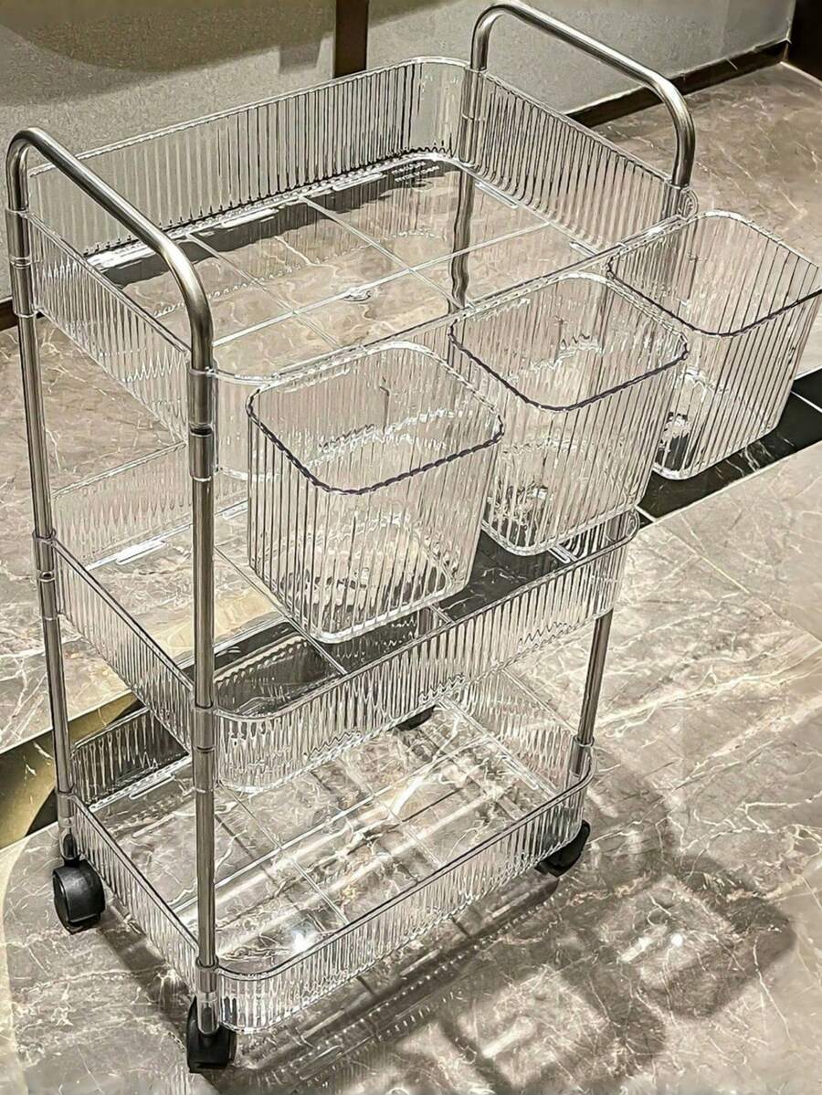 1pc Household Transparent Movable Cosmetic Small Cart Storage Rack, Large Capacity Multifunctional Bathroom Finishing Display Rack, Bathroom Accessories - Multicolor - View 1