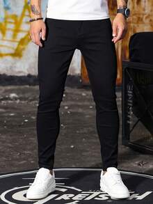 1pc Men's Black Skinny Slim Fit Jeans, Street Style Comfortable Casual Workwear Distressed Denim Pants, Suitable Gift For Husband/Boyfriend - 黑色 - 查看 6