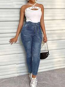 秋季高腰复古腰带紧身牛仔裤，适合日常休闲穿着 - 藍色 - 查看 1