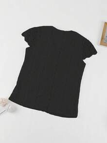 V-Neck Lace Patchwork Hollow Out Embroidery Front Button Spring/Summer Short Sleeve Top Black - Black - View 2