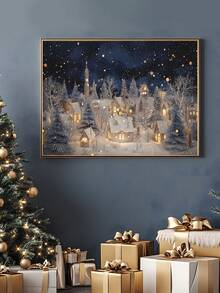 1pc Vintage Christmas Wall Art Christmas Snow Landscape Village Night Stars Poster Canvas Prints Painting Modern Winter Home Decoration, Ice Skating Oil Painting Horizontal Print Winter Night Canvas Wall Art Mountain Village Decor Christmas Decorations Room Decor
