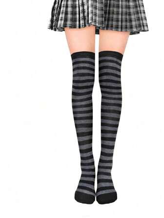 1 Pair Women's Striped Thigh High Socks, New Zebra Pattern Knitted Over-The-Knee Stockings, Lolita Style, Cozy