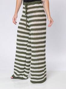 Women's Beach Cover-Up Pants, Crochet, Striped, Knitting, Summer Fashion - 軍綠色 - 查看 1