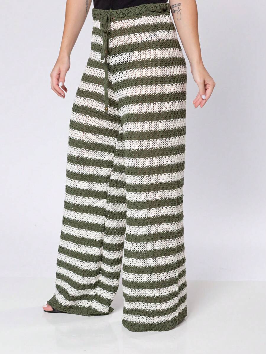 Women's Beach Cover-Up Pants, Crochet, Striped, Knitting, Summer Fashion - 軍綠色 - 查看 1