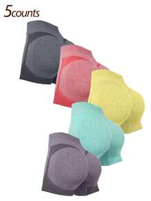 [Seamless Yoga Shorts] 5pcs High-Waist Seamless Stretch Yoga Shorts   Sports Cycling Fitness Shorts For Women Internet Celebrity Peach Hip Three-Point - 彩色 - 查看 2