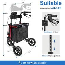 WALK MATE 3 Wheel 8" Wheels Rollator Walker Aluminum , Foldable Lightweight With Seat Backrest Pouch - Red - View 5