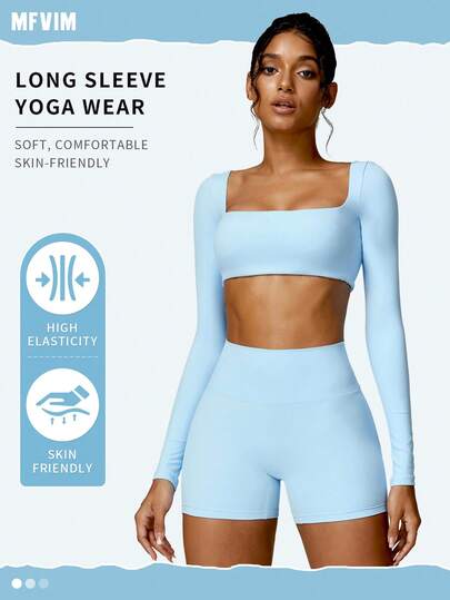 MFVIM 2 件女士瑜伽套装，方领紧身瑜伽上衣和高腰紧身裤，户外健身房锻炼瑜伽服，适合所有季节，健身套装（天蓝色）
