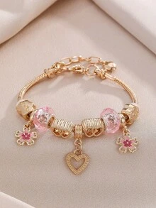 1pc Fashionable Rose Gold Beaded Bracelet, Hollow Carved Heart Charm With Rhinestone Embellishment Valentines,Mom,Mother,Mother's Day,Gift