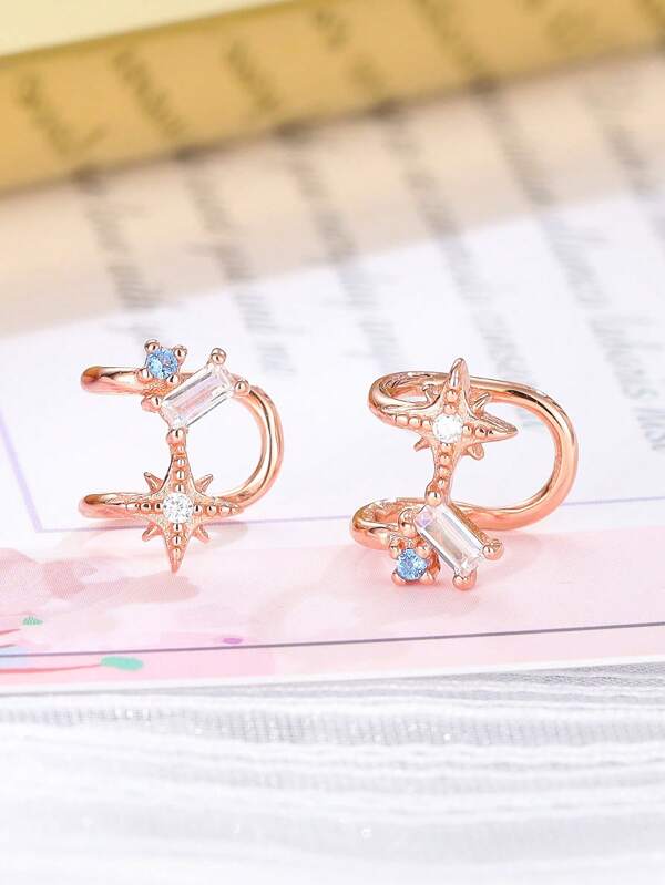 1 Pair Fashionable & Elegant S925 Sterling Silver Cubic Zirconia Star Ear Cuff Clip-On Earrings, Lightweight Luxury Jewelry Gift For Women, Friends & Family, Silver Weight 0.8g/0.028oz