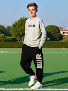 2pcs/Set Older Boys' Casual Sweatshirt And Pants Sports Suit, Minimalist Style, Spring/Autumn