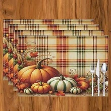 1 pieza/4 piezas/6 piezas Manteles individuales de lino con estampado de calabaza, decoración de Acción de Gracias, adecuados para mesa de comedor, todo el año, manteles de mesa modernos lavables, decoración del hogar, manteles individuales, posavasos, alfombrillas de cocina y comedor, decoraciones de fiesta interior y exterior, regalo ideal