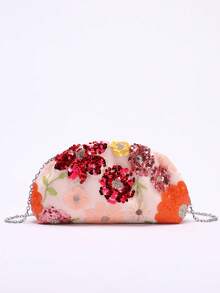 1pc Colorful PVC Sequin Flower Pattern Pink Linen Base Mesh Embroidery Ruffle Cloud Clutch Bag, Shiny Elegant Evening Bag For Casual, Holiday, Party Use (Flower Sequin Pattern Randomly Sent) - Pink - View 6