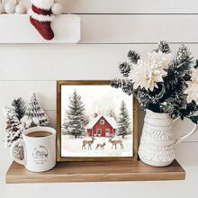 1 pieza Cuadro de madera con diseño de reno de 20x20cm - Letrero rústico de granja navideña, decoración nórdica hecha a mano para sala de estar y dormitorio, regalo de estilo cabaña acogedora para ella, decoración del hogar, decoraciones navideñas, decoración de habitación de invierno
