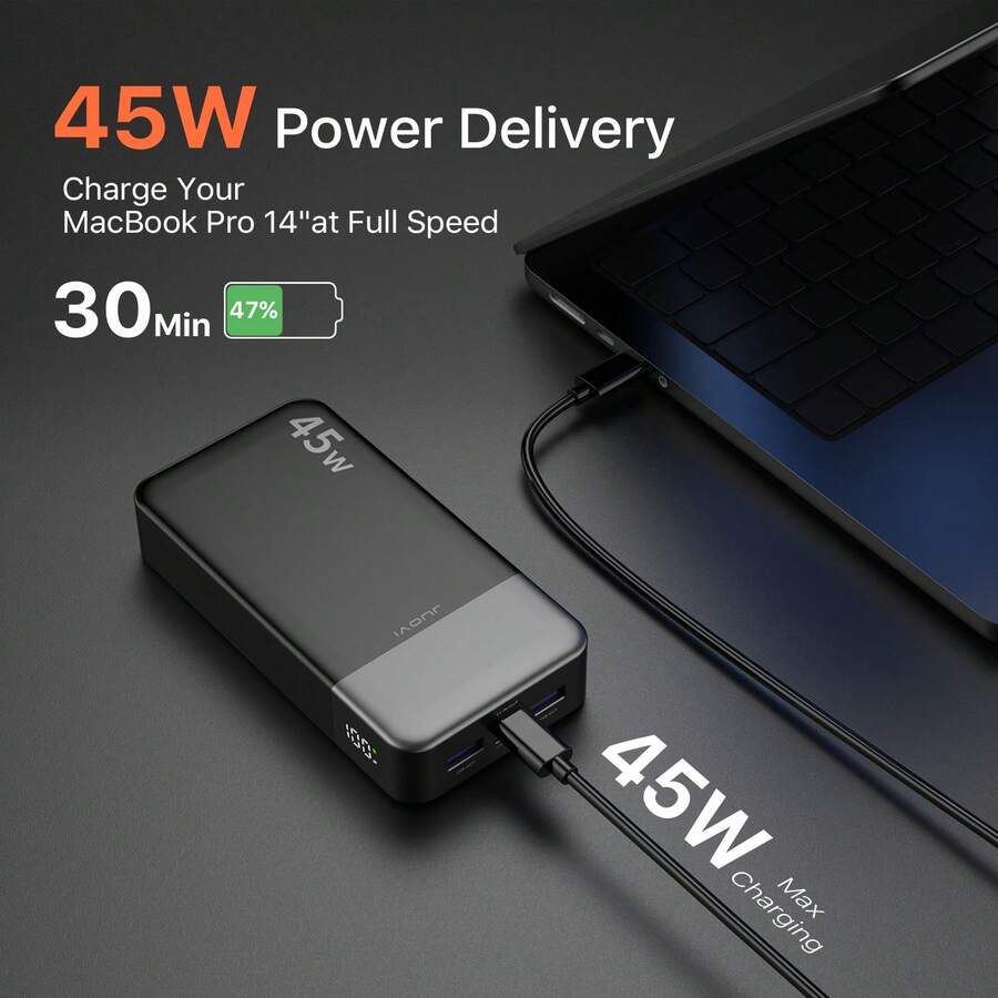 JUOVI Power Bank Portable Charger, 20000mAh 45W PD3.0 QC 4.0 Fast Charging Battery Pack With LED Display, 2 USB-C, 2 USB-A For Apple Phone 15 - màu đen - Xem 1