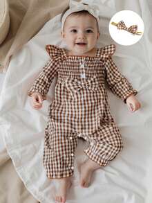 Baby Girl 2Pcs Fall Outfits Long Sleeve Square Neck Bow Front Smocked Jumpsuit With Headband Set - 咖啡色 - 查看 1