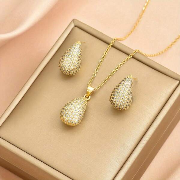 3pcs/Set New Autumn & Winter Women's Water Drop Shaped Synthetic Zirconia Necklace & Earrings Set, Stainless Steel Necklace, Suitable For Engagement And Wedding Occasions, Also As Birthday And New Year Gifts For Female Friends