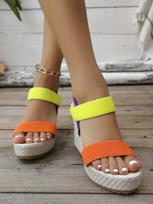 大码女式坡跟厚底凉鞋，欧美跨境大码坡跟凉鞋，绳编厚底时尚高跟凉鞋，厚底套脚高跟凉鞋 - 黃色 - 查看 4