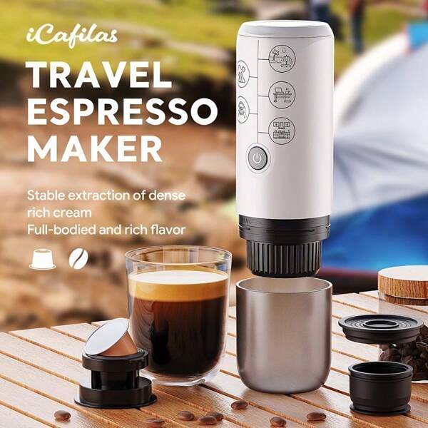 Cafetera portátil para preparar café frío, sin función de calentamiento, con conector USB-C, presión de 1700Kpa y batería recargable de 2600mAh, incluye molinillo de café y adaptador para cápsulas, apta para camping, hogar y oficina (negro/blanco)
