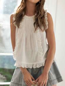 Womens Lace Trim Tank Tops  Sleeveless Round Neck Solid Color Tops Loose Fit Shirts - White - View 1