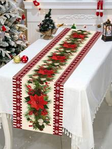 1Pc Christmas Polyester Table Runner Table Cloth Table Cover,Red Snowflake Edge Pine Tree Branch Red Flower Pattern Merry Christmas Table Flag,Christmas Atmospheric Decoration Supplies,Holiday Desktop Decoration,Fireplace Cabinet Decor,Xmas Party Decor,Home Decor,Table Decor,Christmas Decor ,Christmas Ornaments
