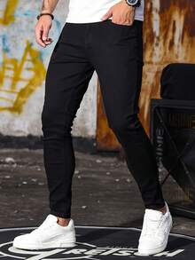 1pc Men's Black Skinny Slim Fit Jeans, Street Style Comfortable Casual Workwear Distressed Denim Pants, Suitable Gift For Husband/Boyfriend - 黑色 - 查看 7